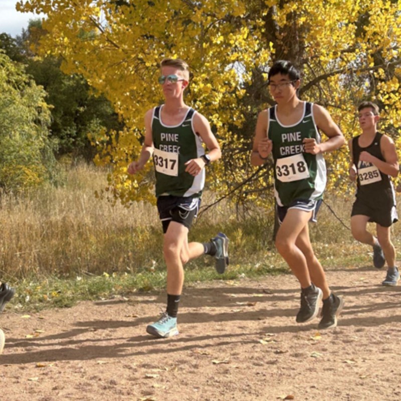 Boys running in front of yellow trees