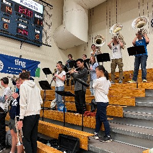 Pep band plays during a timeout.