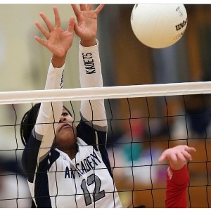An AAHS Volleyball player defends the net.