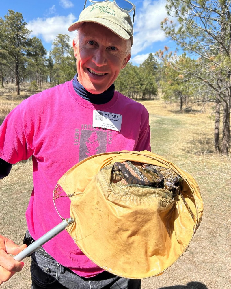 a volunteer safely holding a snake