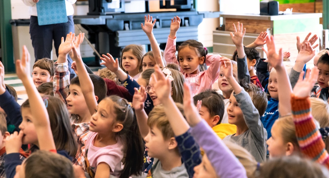Students at Mountain View Elementary School raise their hands during class.